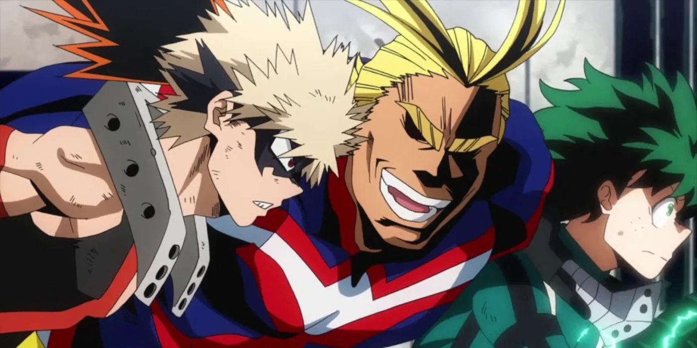 All Might flying in between Deku and Bakugo in My Hero Academia All Might flying in between Deku and Bakugo in My Hero Academia