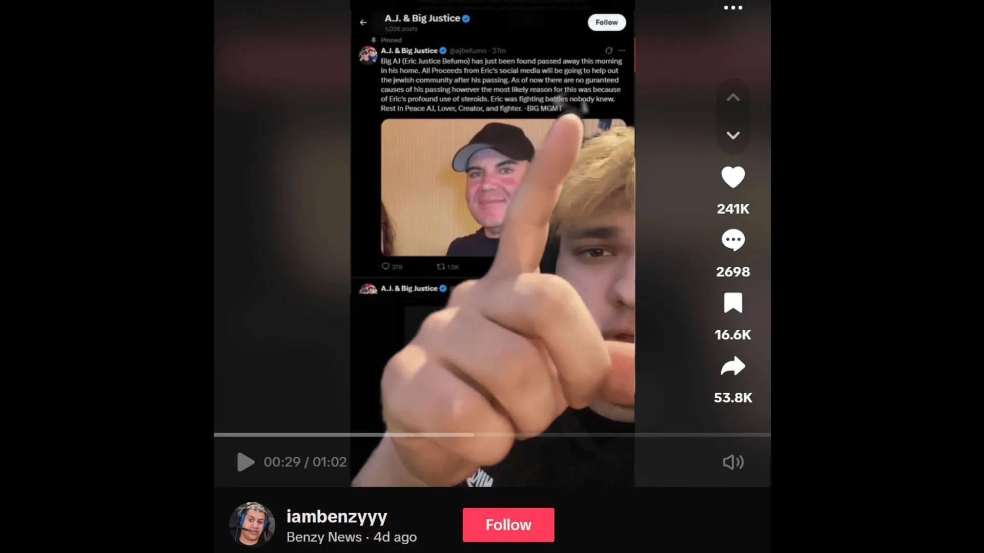 @iambenzyyy falsely claims Andrew Befumo's death. (Image via TikTok) @iambenzyyy falsely claims Andrew Befumo's death. (Image via TikTok)