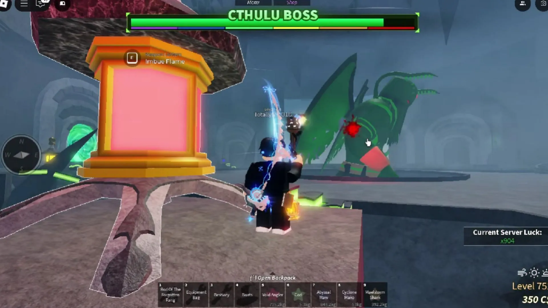 Using the red flame to damage Cthulu (Image via Roblox | YouTube@O1G) Using the red flame to damage Cthulu (Image via Roblox | YouTube@O1G)