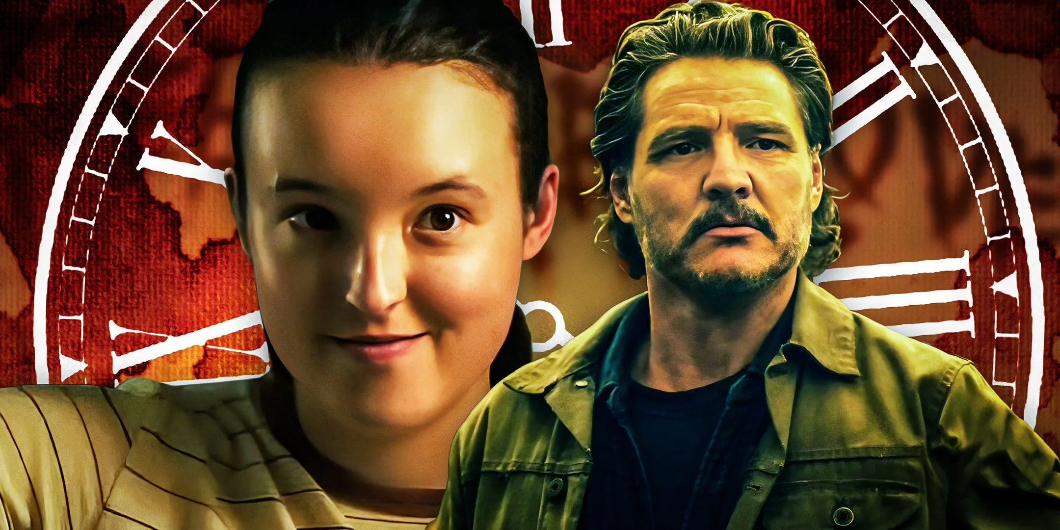 Bella Ramsey as Ellie smiling next to Pedro Pascal looking forward as Joel in The Last of Us with a clock behind them