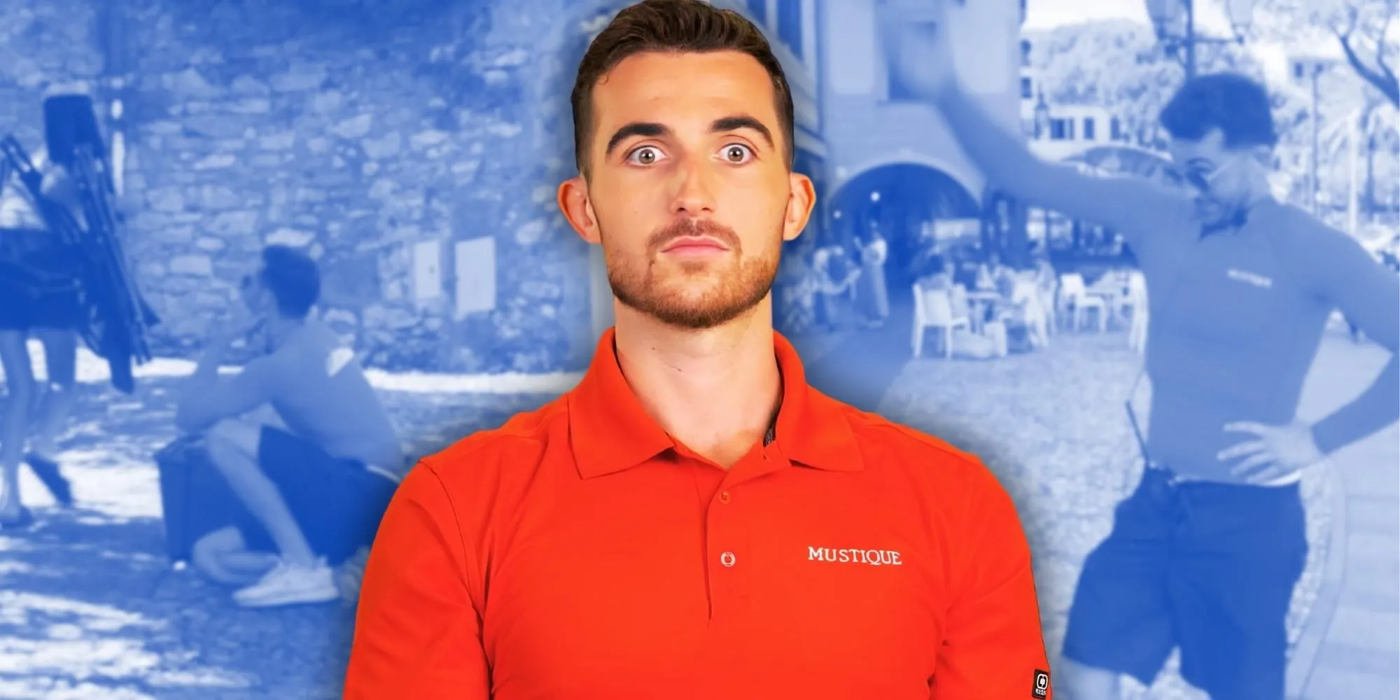 Max Salvador Below Deck Med looking surprised montage blue filtered background Max Salvador Below Deck Med looking surprised montage blue filtered background