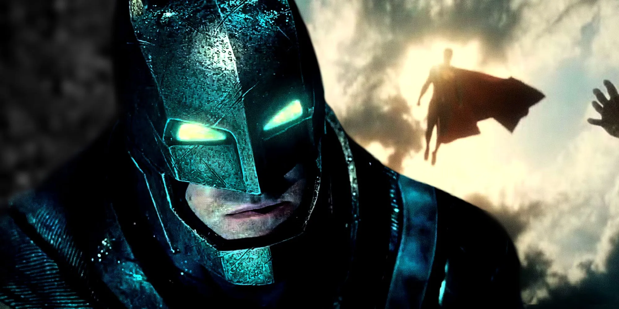 Ben Affleck's Batman looks at Superman flying in the sky in Batman v Superman Dawn of Justice