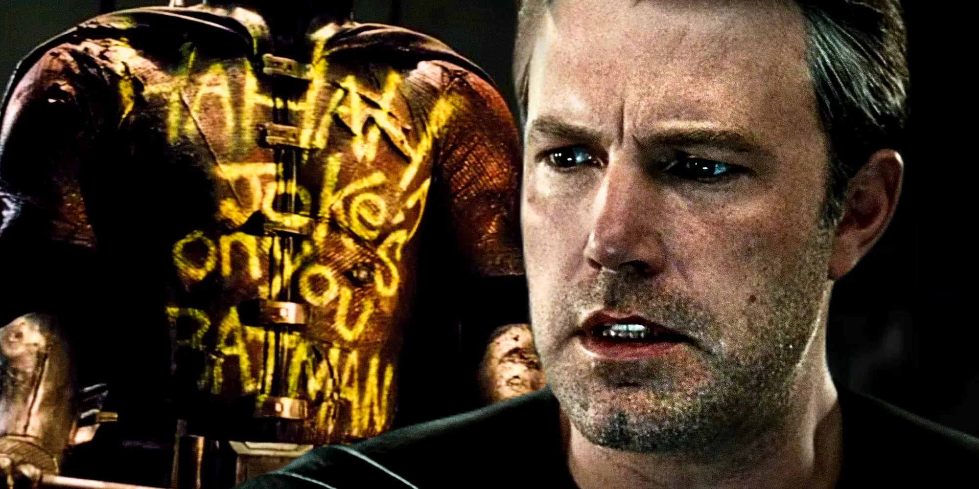 Ben Affleck's Batman mourns Robin next to a defaced costume in the DCEU's Batman v Superman Dawn of Justice