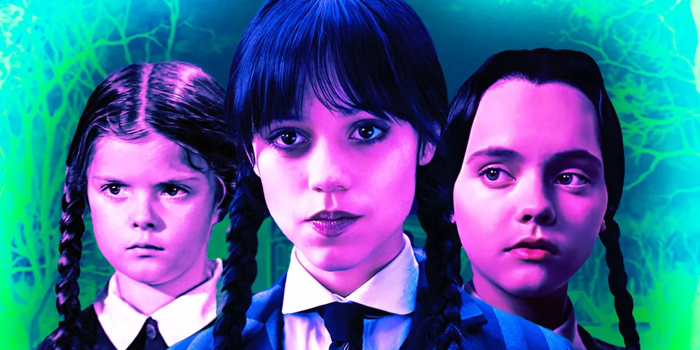 Collage of Lisa Loring, Jenna Ortega, and Christina Ricci as Wednesday Addams Collage of Lisa Loring, Jenna Ortega, and Christina Ricci as Wednesday Addams