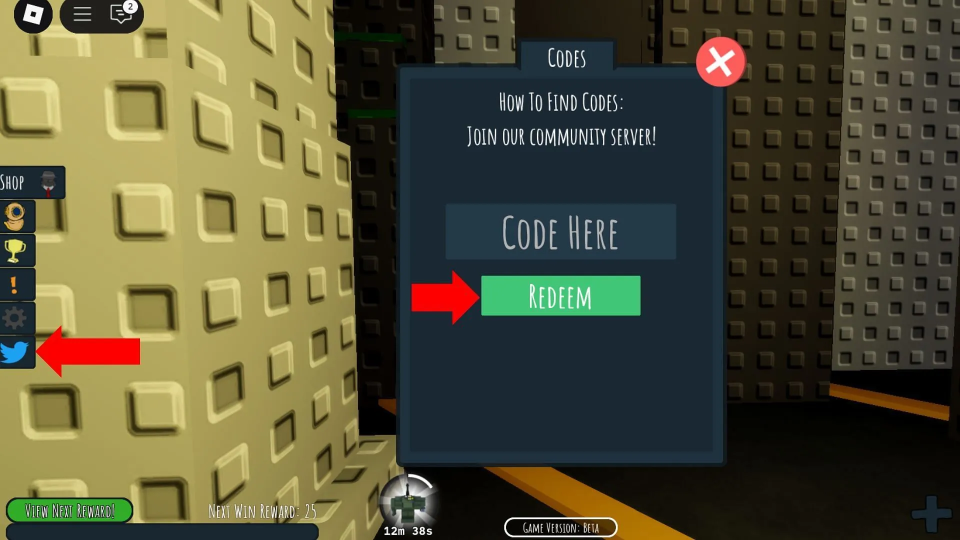 Access the code redemption menu by tapping the bird icon (Image via Roblox)