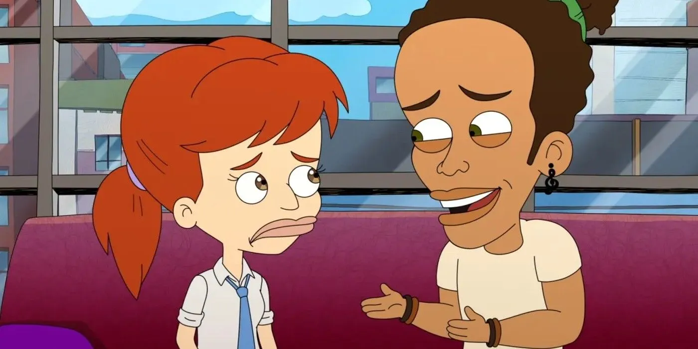 Jessi and Michelangelo talking on a couch in Big Mouth. Jessi and Michelangelo talking on a couch in Big Mouth.