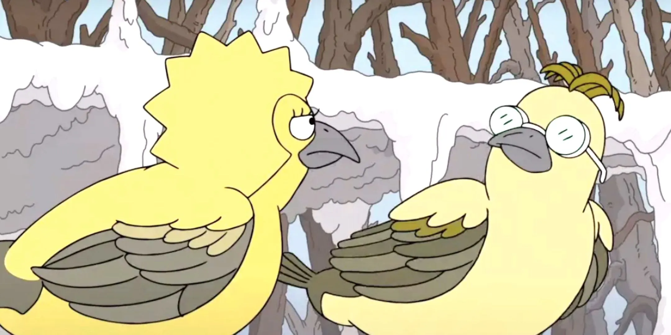 Bird versions of Lisa and Frink talk in The Simpsons season 36 Yellow Planet Bird versions of Lisa and Frink talk in The Simpsons season 36 Yellow Planet