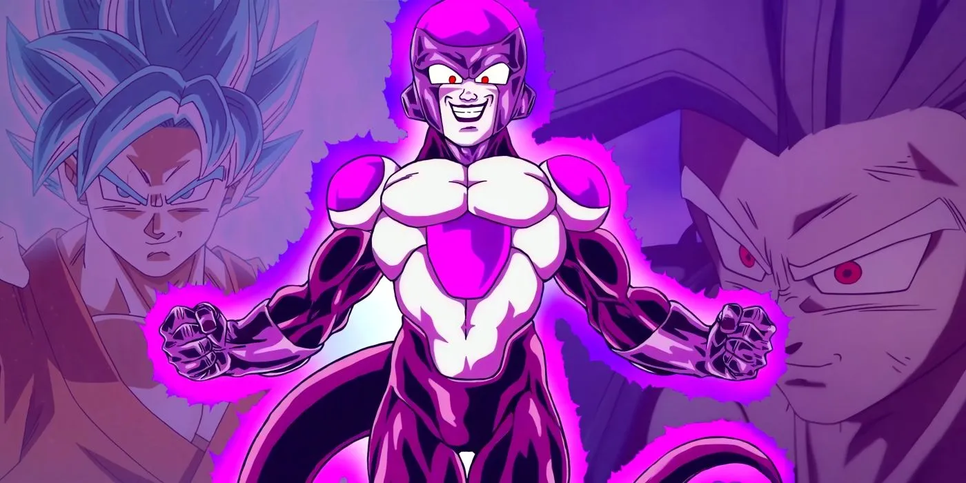 Black Frieza standing with his arms open. Behind him, Goku and Gohan can be seen. Black Frieza standing with his arms open. Behind him, Goku and Gohan can be seen.