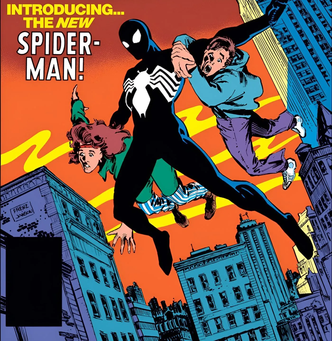 Black Suit Spider-Man Saves Two People While Flying Through the Air Black Suit Spider-Man Saves Two People While Flying Through the Air