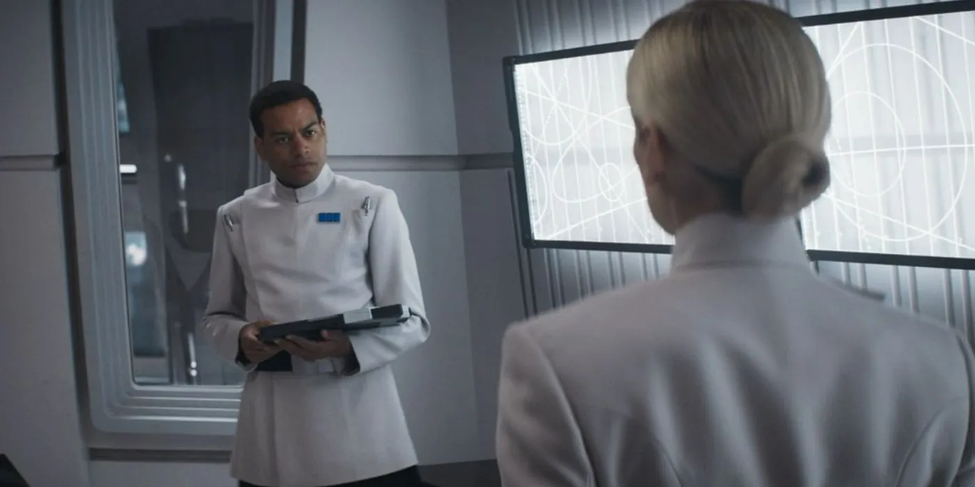 Blevin talks to Dedra in Andor season 1