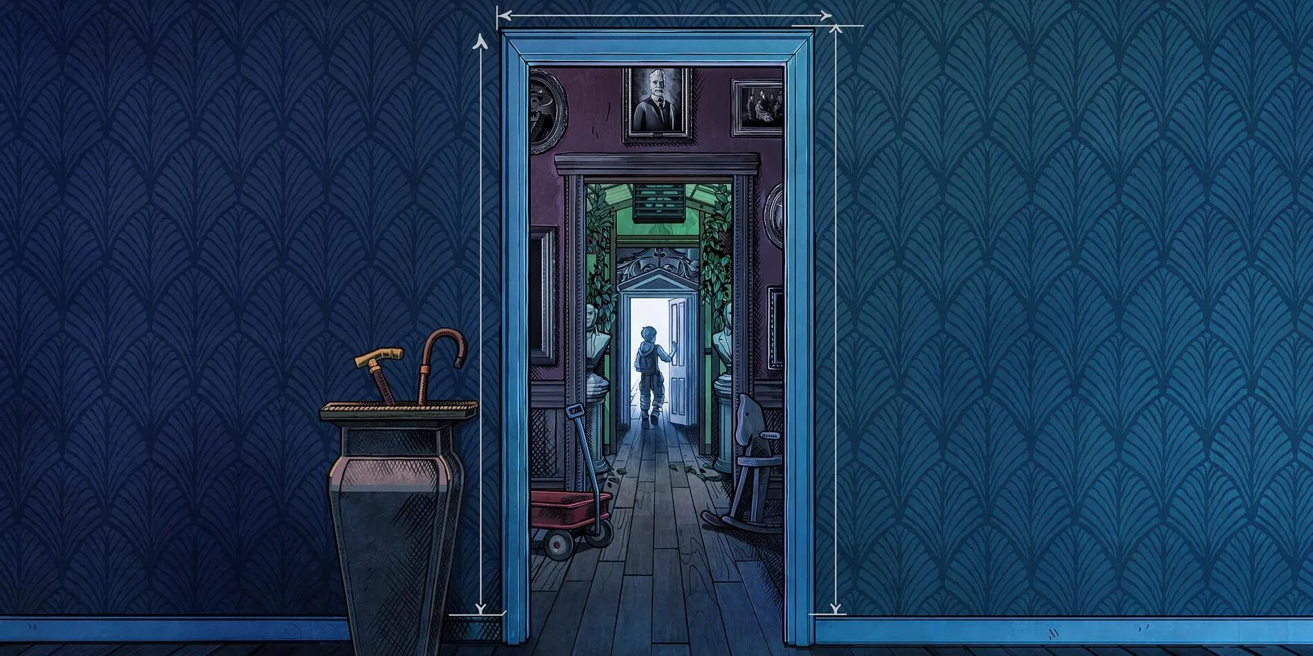 Key Art for Blue Prince, showing someone opening a door at the end of a long corridor. Key Art for Blue Prince, showing someone opening a door at the end of a long corridor.