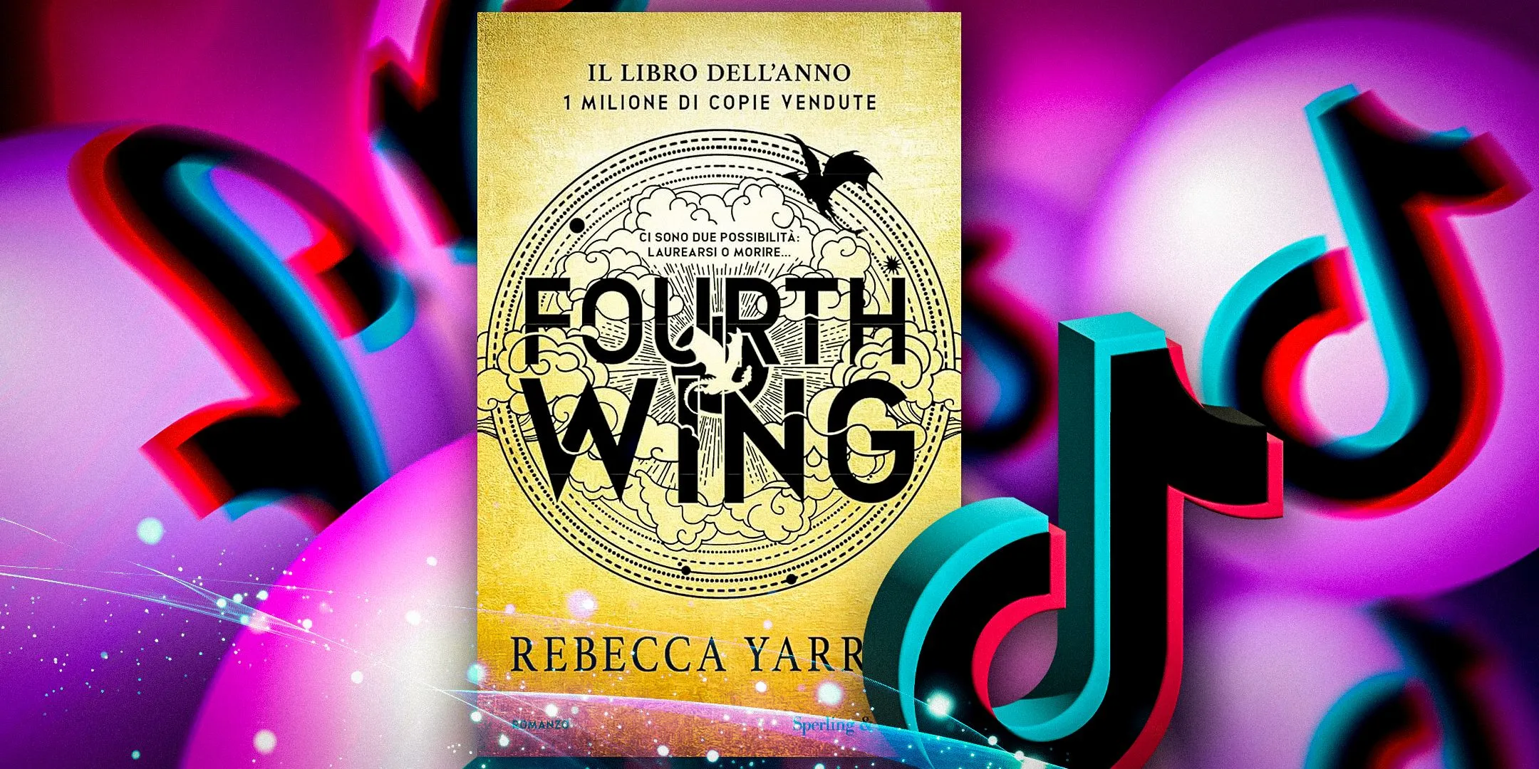 The cover of Fourth Wing by Rebecca Yarros surrounded by the TikTok logo
