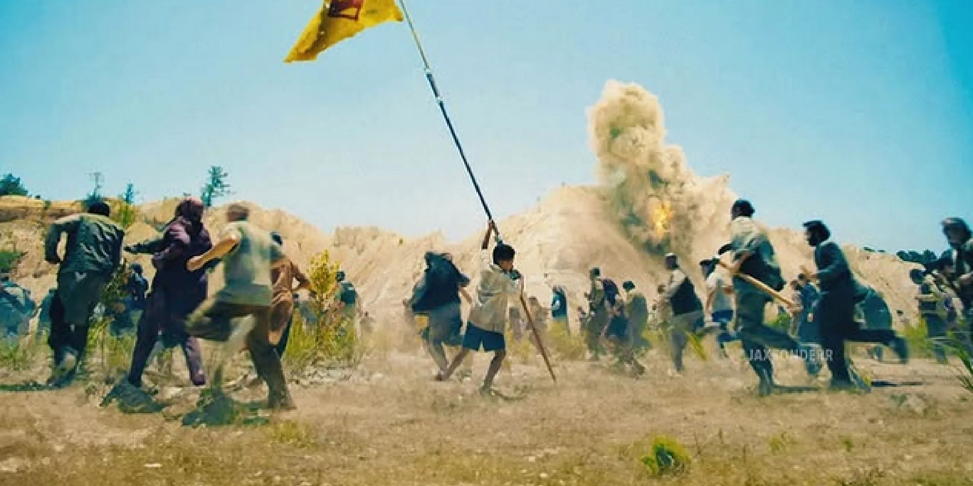 Boy lifting flag in Superman trailer Boy lifting flag in Superman trailer