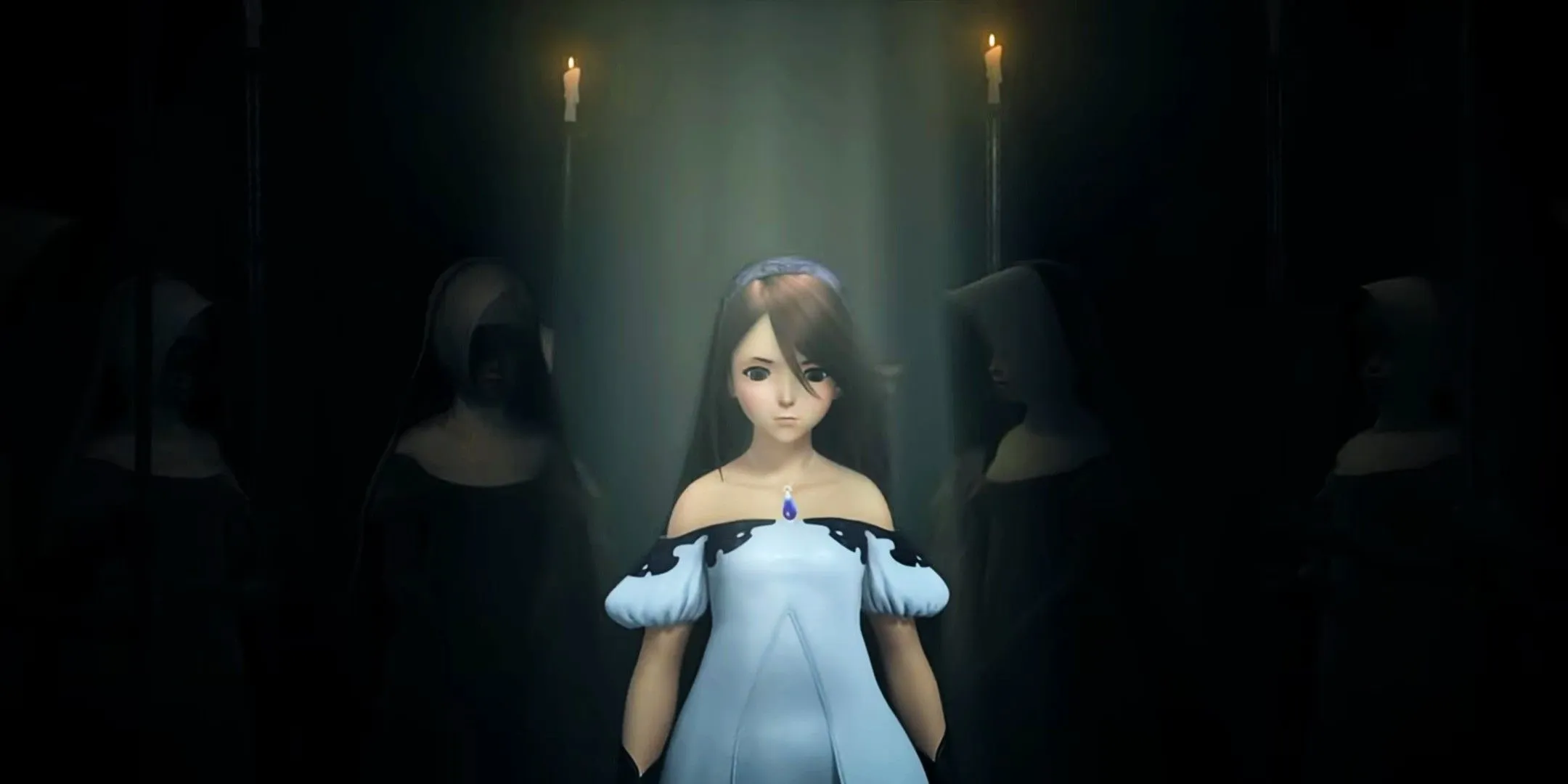 Bravely Default Flying Fairy HD Remaster woman in white dress among hooded figures. Bravely Default Flying Fairy HD Remaster woman in white dress among hooded figures.