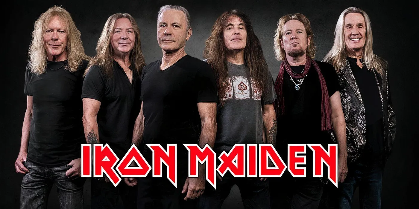 The band Iron Maiden alongside their logo The band Iron Maiden alongside their logo
