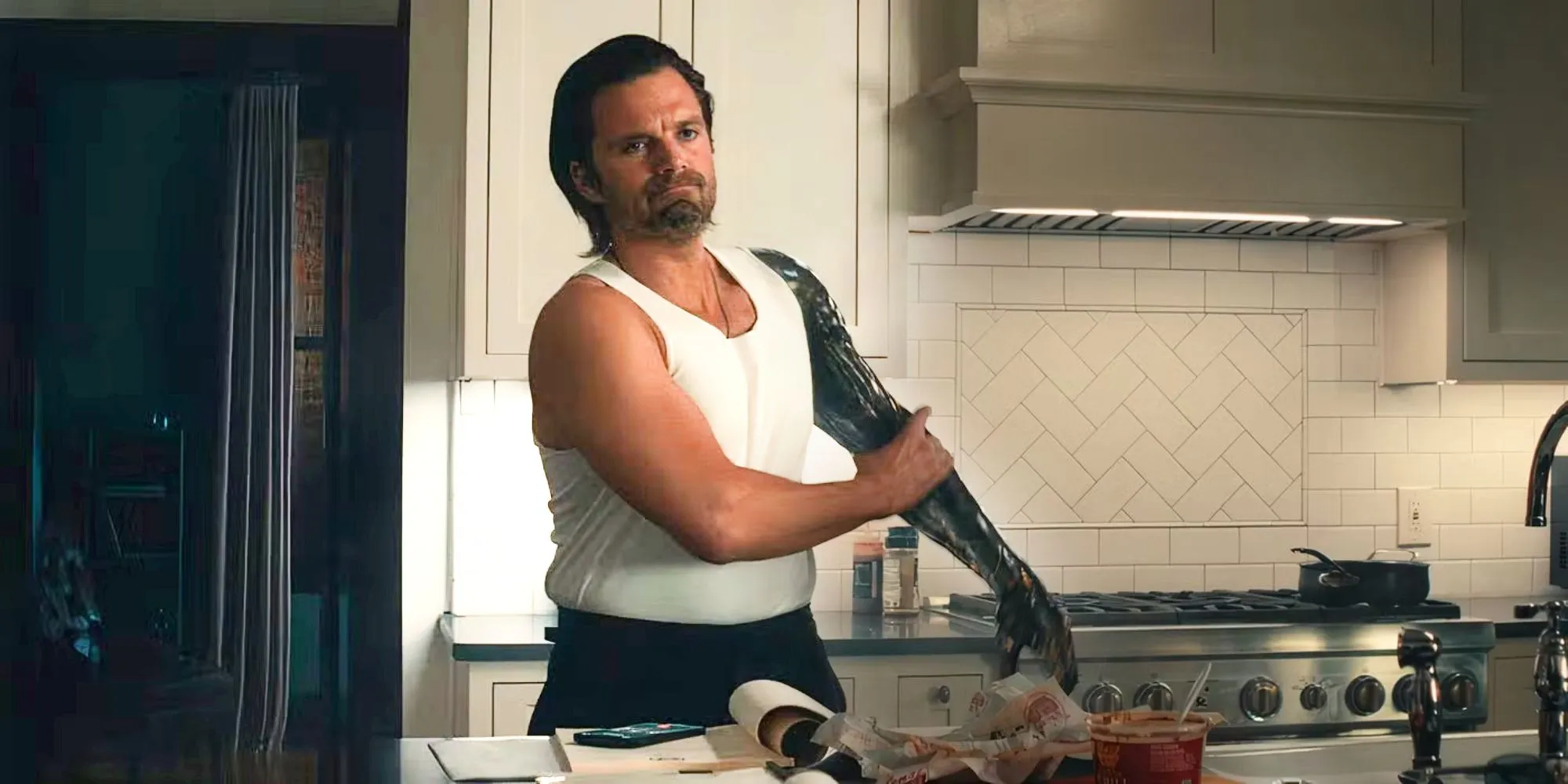 Bucky Barnes with his vibranium arm in Thunderbolts trailer Bucky Barnes with his vibranium arm in Thunderbolts trailer
