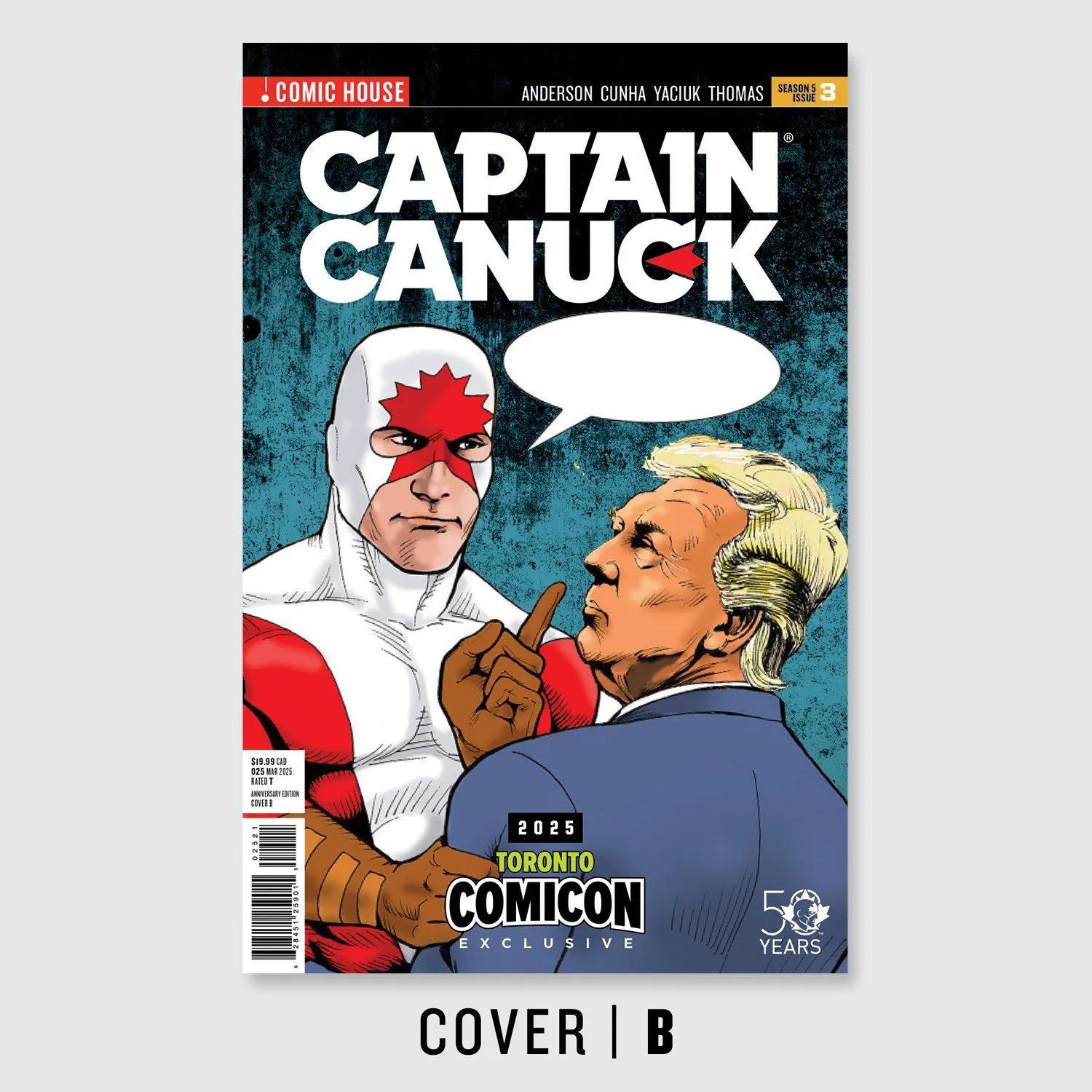 Captain Canuck confronts Donald Trump in variant cover by Richard Comely