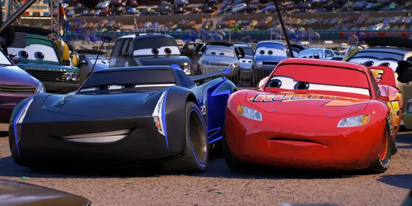 Lightning McQueen looks glumly at a cocky racecar in Cars 3