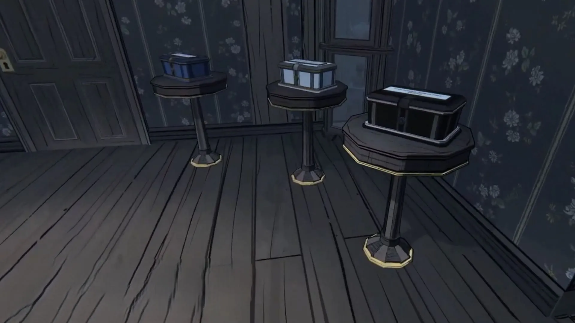 The three boxes from the Parlor puzzle in Blue Prince (Image via Raw Fury)