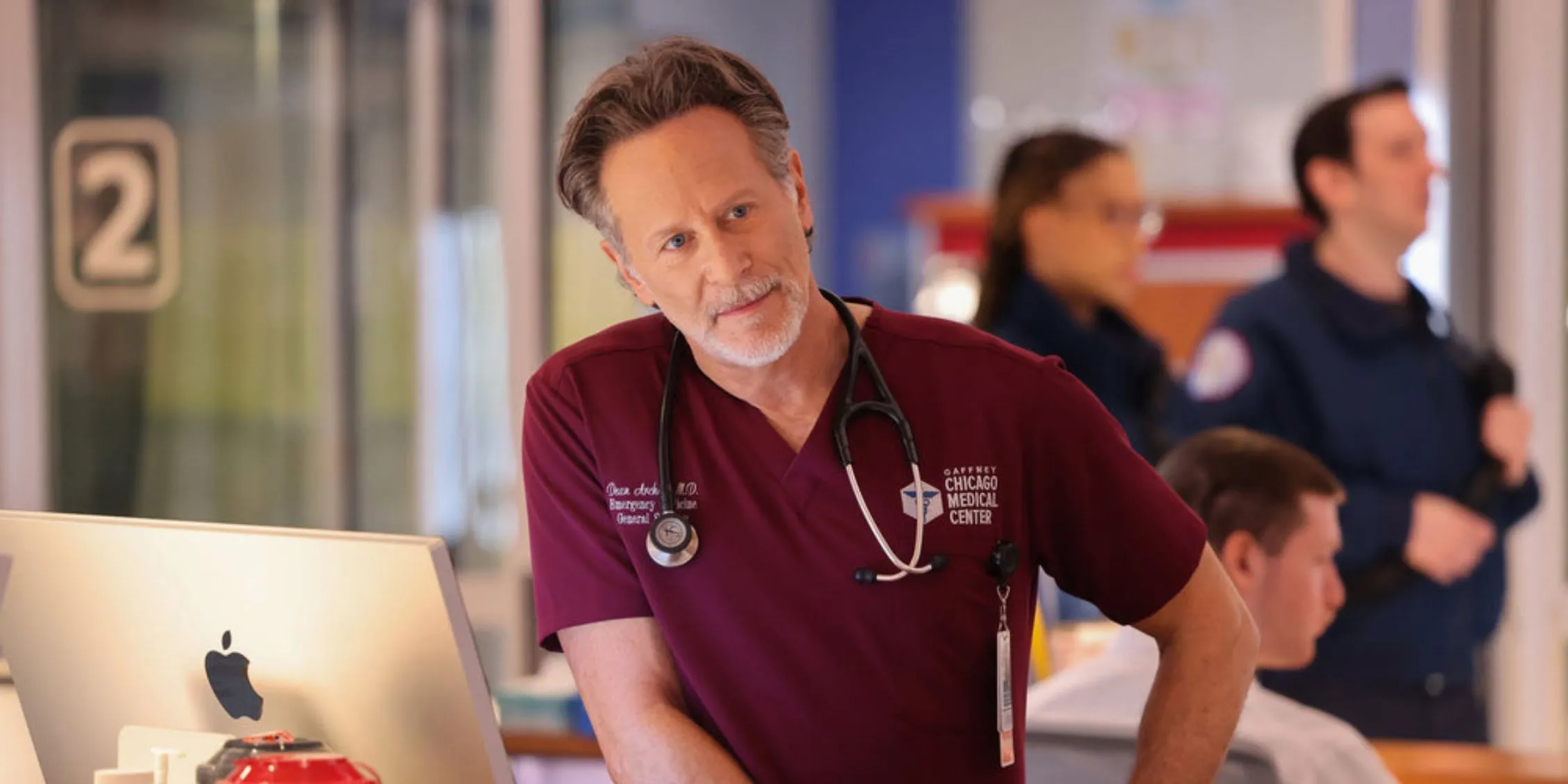 Chicago Med Archer leaning on a desk in an inebriated state Chicago Med Archer leaning on a desk in an inebriated state