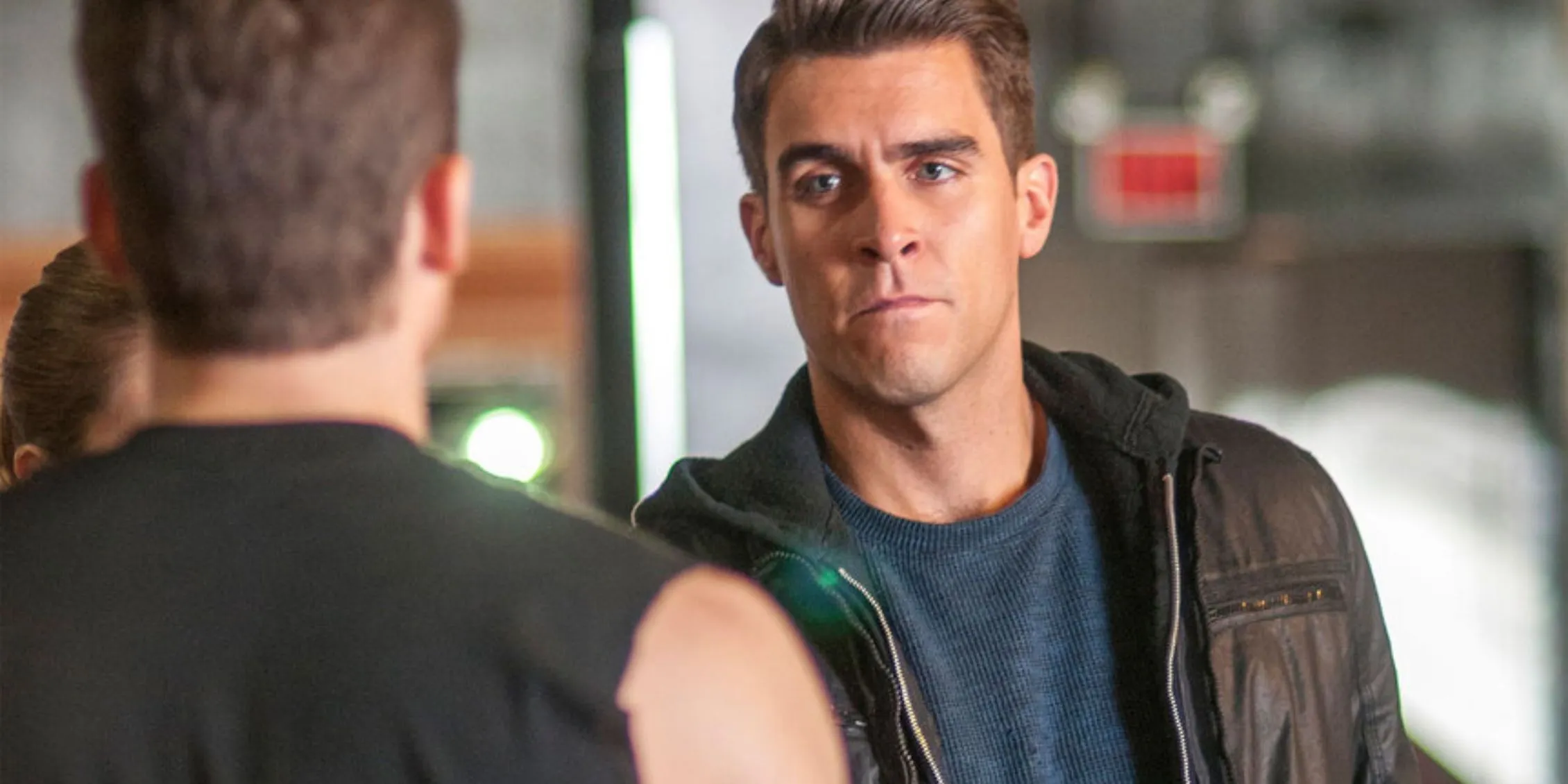 Chicago PD Justin Voight wearing a leather jacket and staring at someone Chicago PD Justin Voight wearing a leather jacket and staring at someone