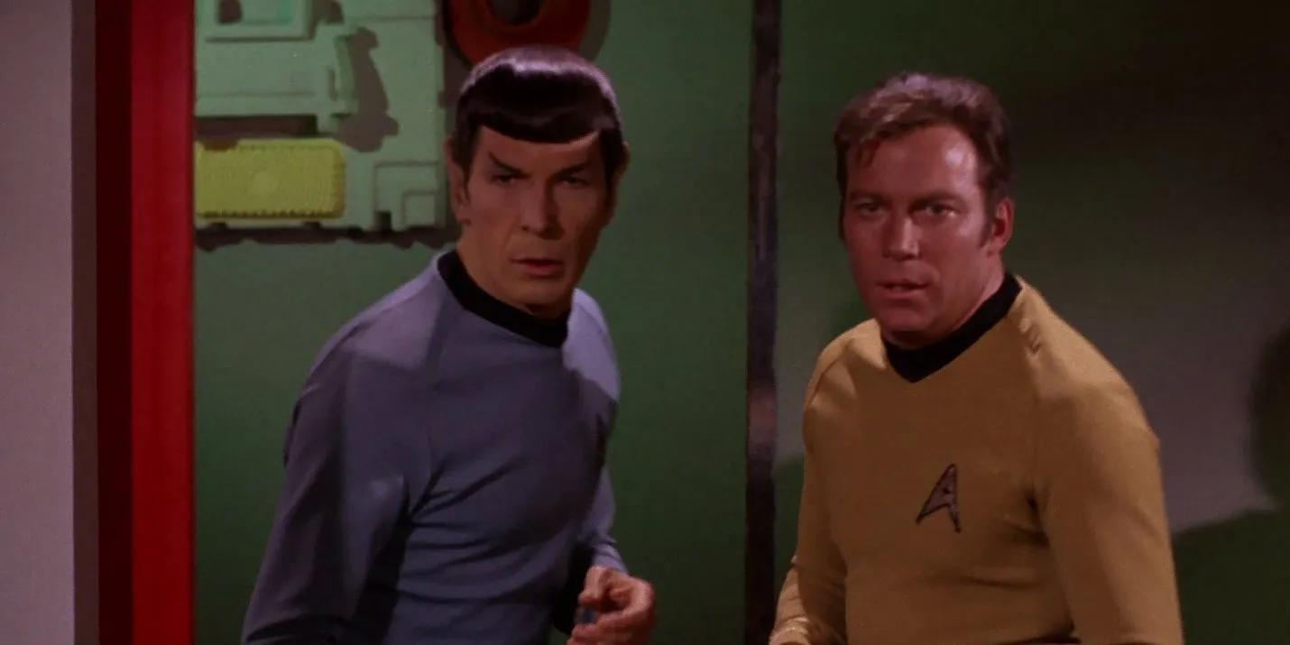 Star Trek The Original Series, And The Children Shall Lead. Leonard Nimoy as Spock and William Shatner as Captain James T. Kirk. USS Enterprise. Star Trek The Original Series, And The Children Shall Lead. Leonard Nimoy as Spock and William Shatner as Captain James T. Kirk. USS Enterprise.