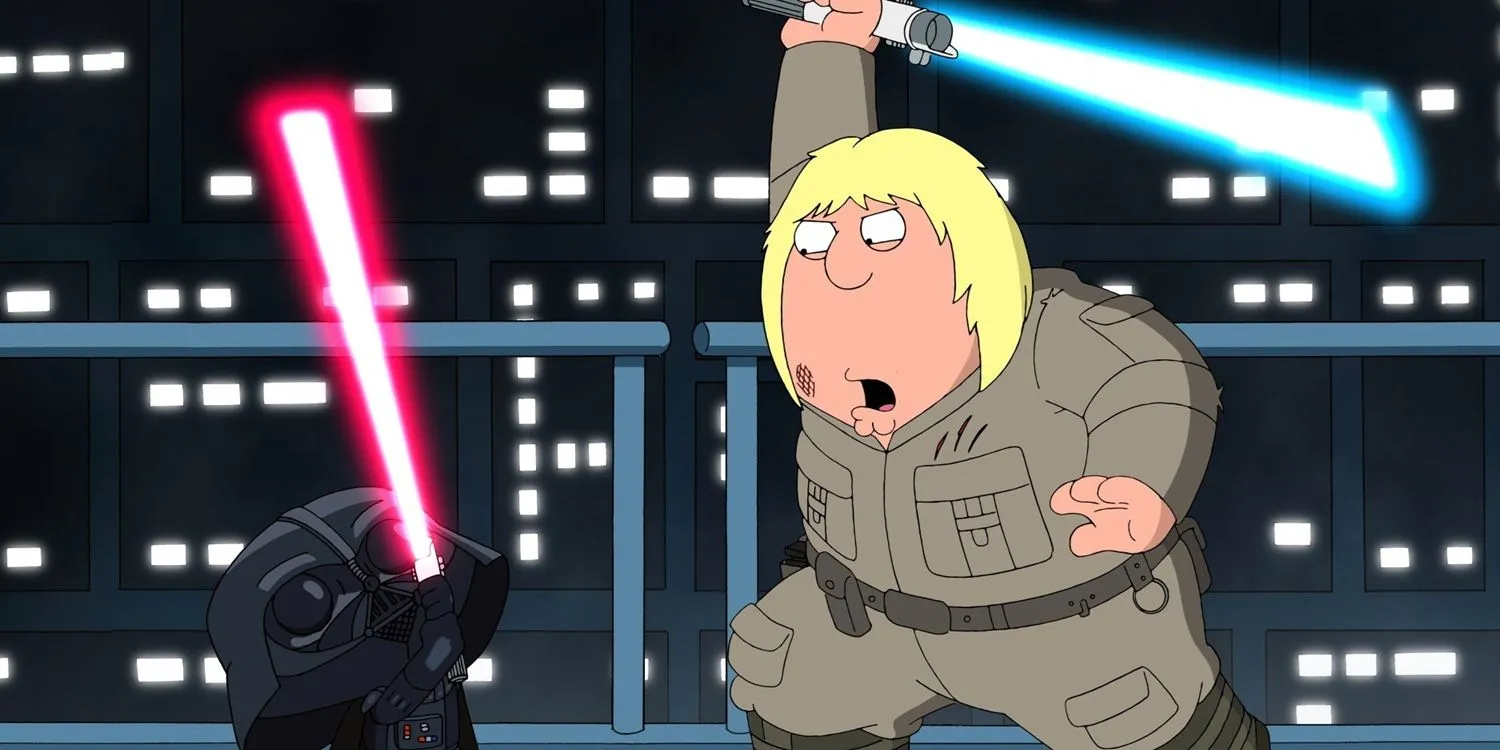 Chris and Stewie in a lightsaber fight in Family Guy Chris and Stewie in a lightsaber fight in Family Guy