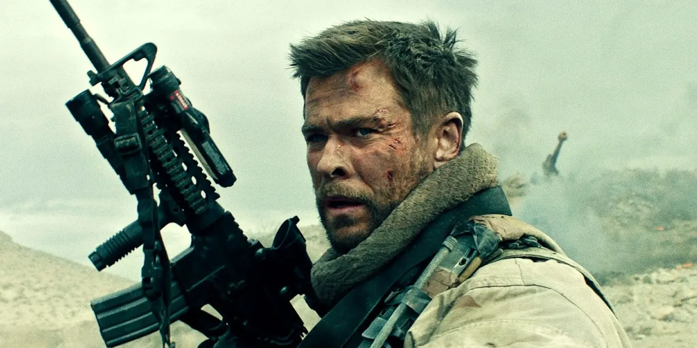 Chris Hemsworth as Mitch Nelson in 12 Strong, depicted with intense focus and grit. Chris Hemsworth as Mitch Nelson in 12 Strong, depicted with intense focus and grit.