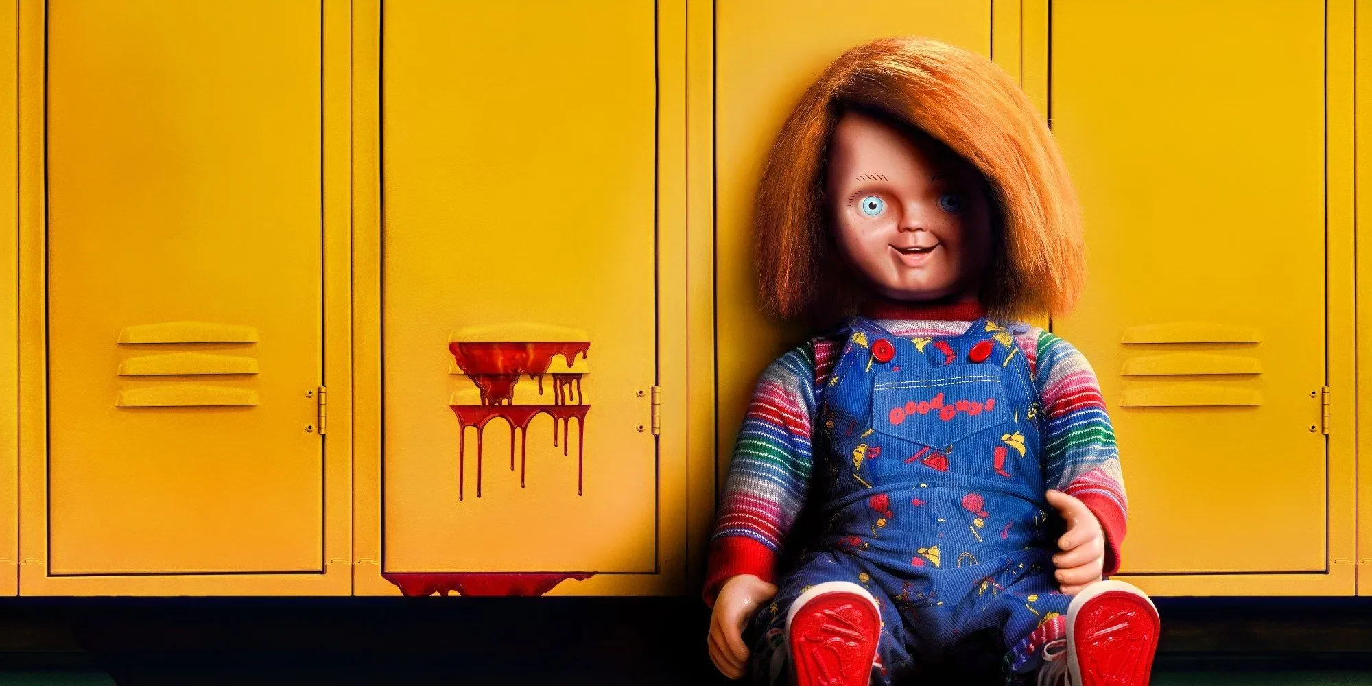 Chucky sitting against a bloody locker Chucky sitting against a bloody locker
