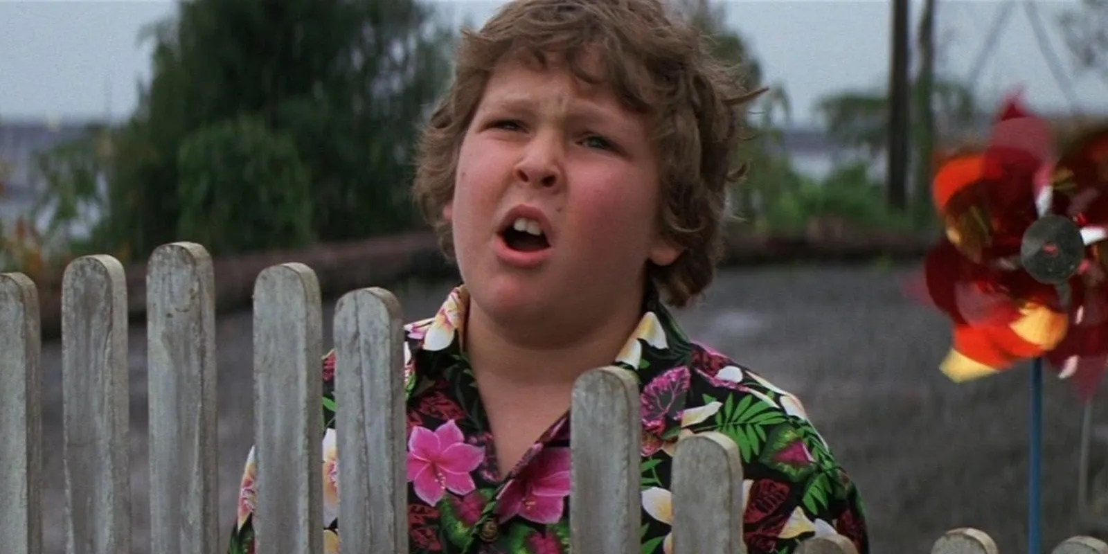 Chunk standing by a fence in The Goonies Chunk standing by a fence in The Goonies
