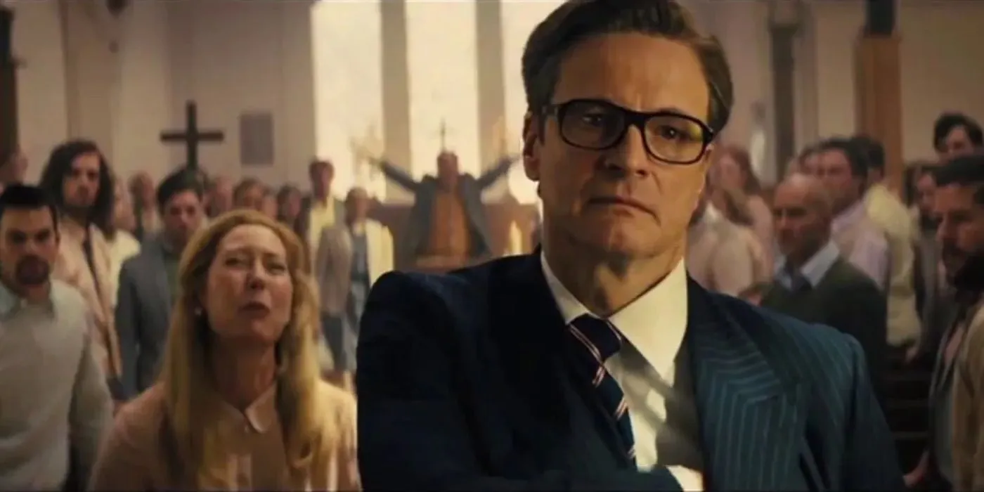 Harry stands in the front of a church in Kingsman: The Secret Service Harry stands in the front of a church in Kingsman: The Secret Service