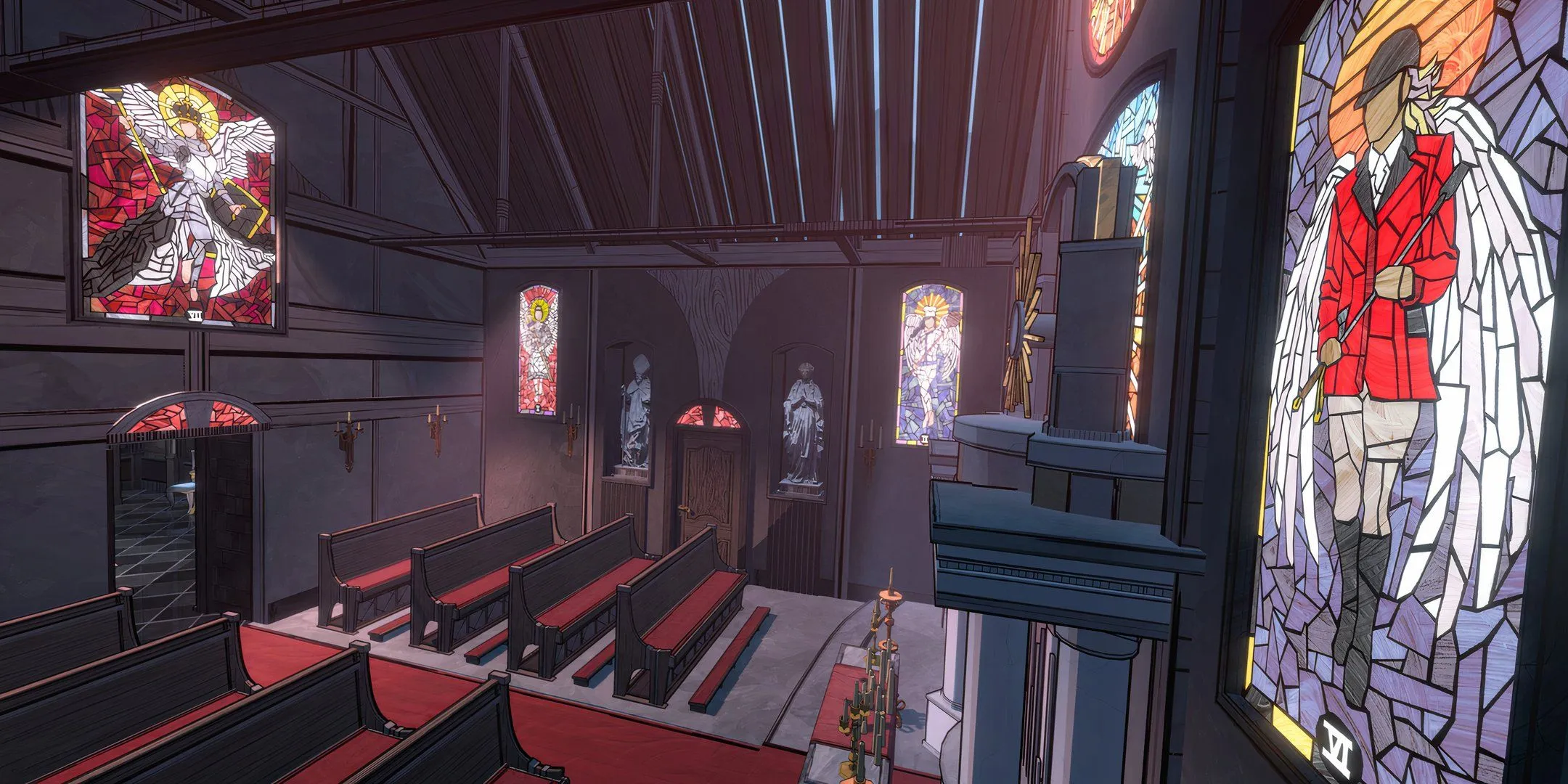 A church in Blue Prince with figures in the windows