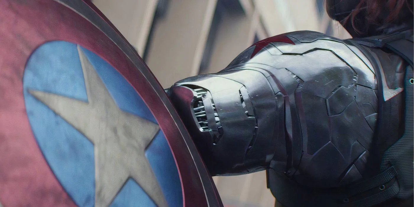 Close up image of Winter Soldier's prosthetic arm blocking Captain America's shield in Captain America The Winter Soldier (2014)