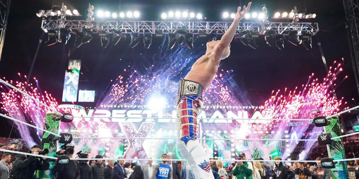 Cody Rhodes celebrates winning the WWE Championship with pyro at WrestleMania XL Cody Rhodes celebrates winning the WWE Championship with pyro at WrestleMania XL