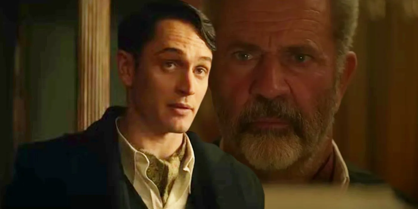 Colin Woodell as Winston juxtaposed with Mel Gibson as Cormac in The Continental.