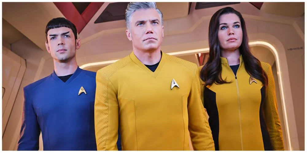 Ethan Peck as Spock. Anson Mount as Christopher Pike. Rebecca Romijn as Number One. Ethan Peck as Spock. Anson Mount as Christopher Pike. Rebecca Romijn as Number One.
