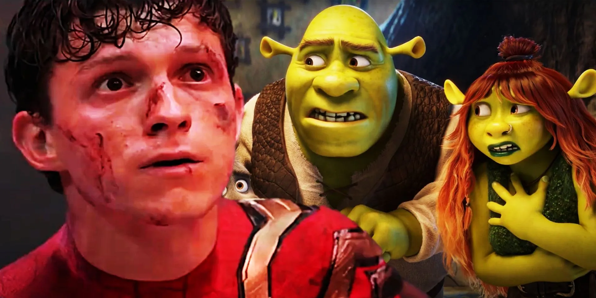 Collage of Tom Holland as Spider-Man and Shrek and his daughter in Shrek 5 Collage of Tom Holland as Spider-Man and Shrek and his daughter in Shrek 5