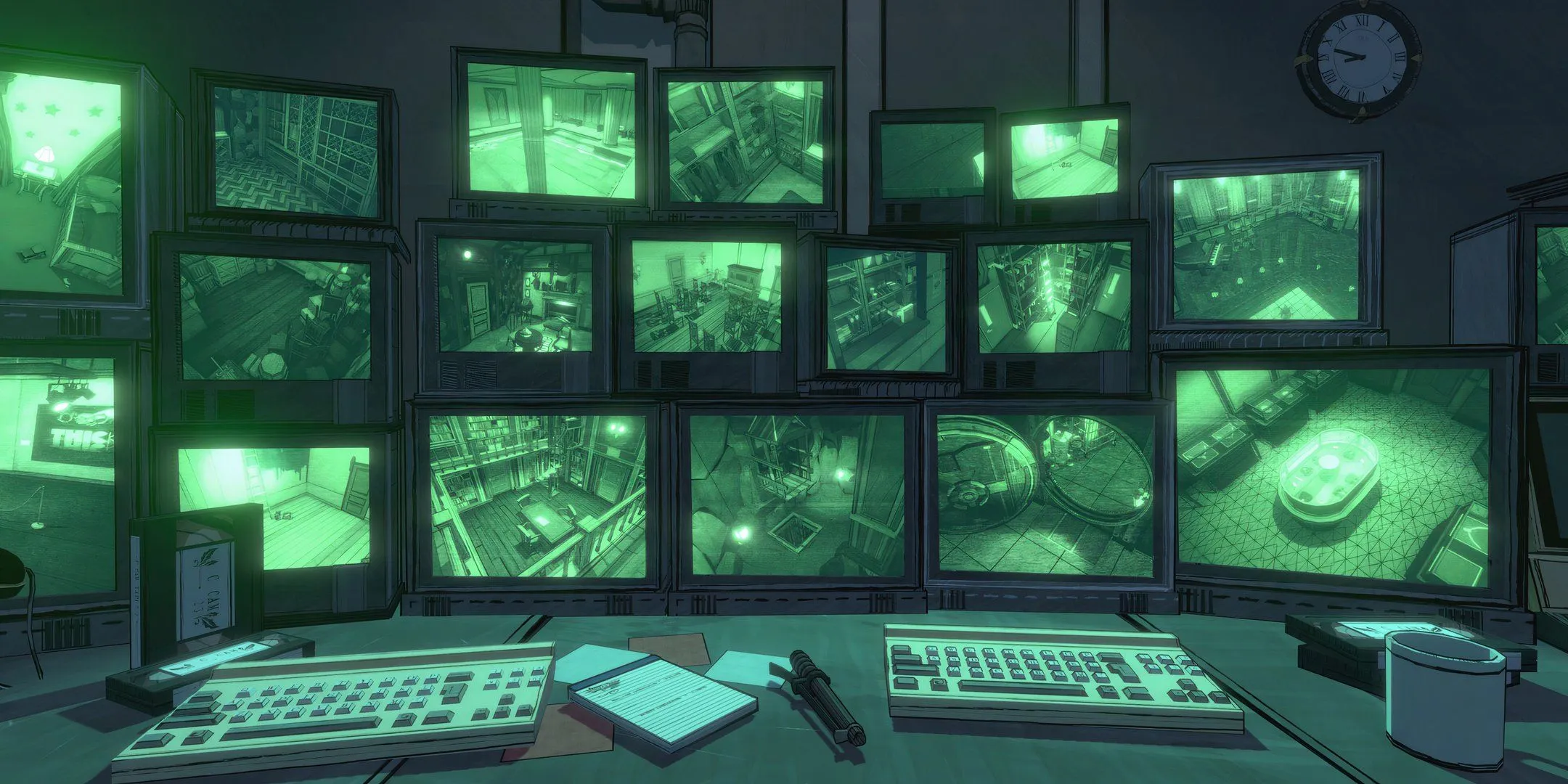Computer screens displaying rooms in Blue Prince