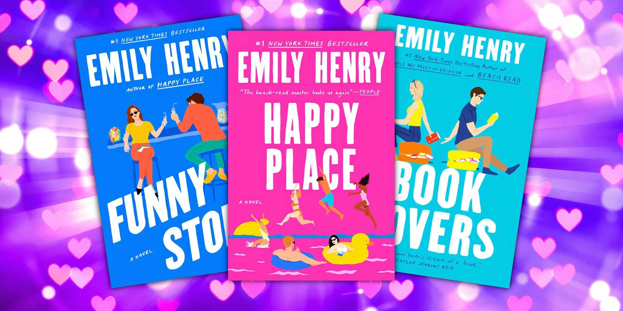 covers of Funny Story, Book Lovers, and Happy Place by Emily Henry covers of Funny Story, Book Lovers, and Happy Place by Emily Henry