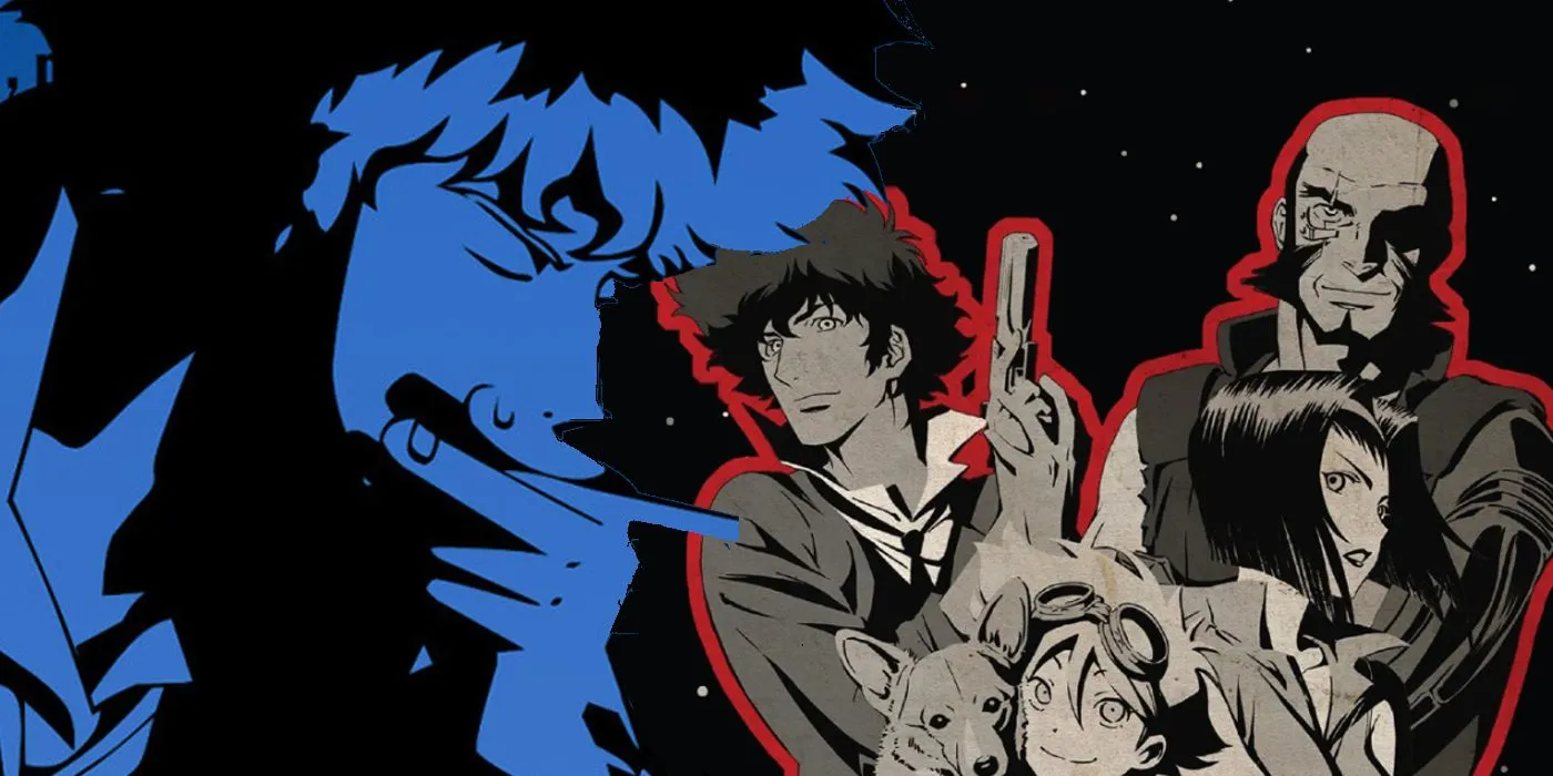 Characters of Cowboy Bebop framed by red tones, depicting Spike Spiegel, Faye Valentine, Jet Black, and Ed. Characters of Cowboy Bebop framed by red tones, depicting Spike Spiegel, Faye Valentine, Jet Black, and Ed.