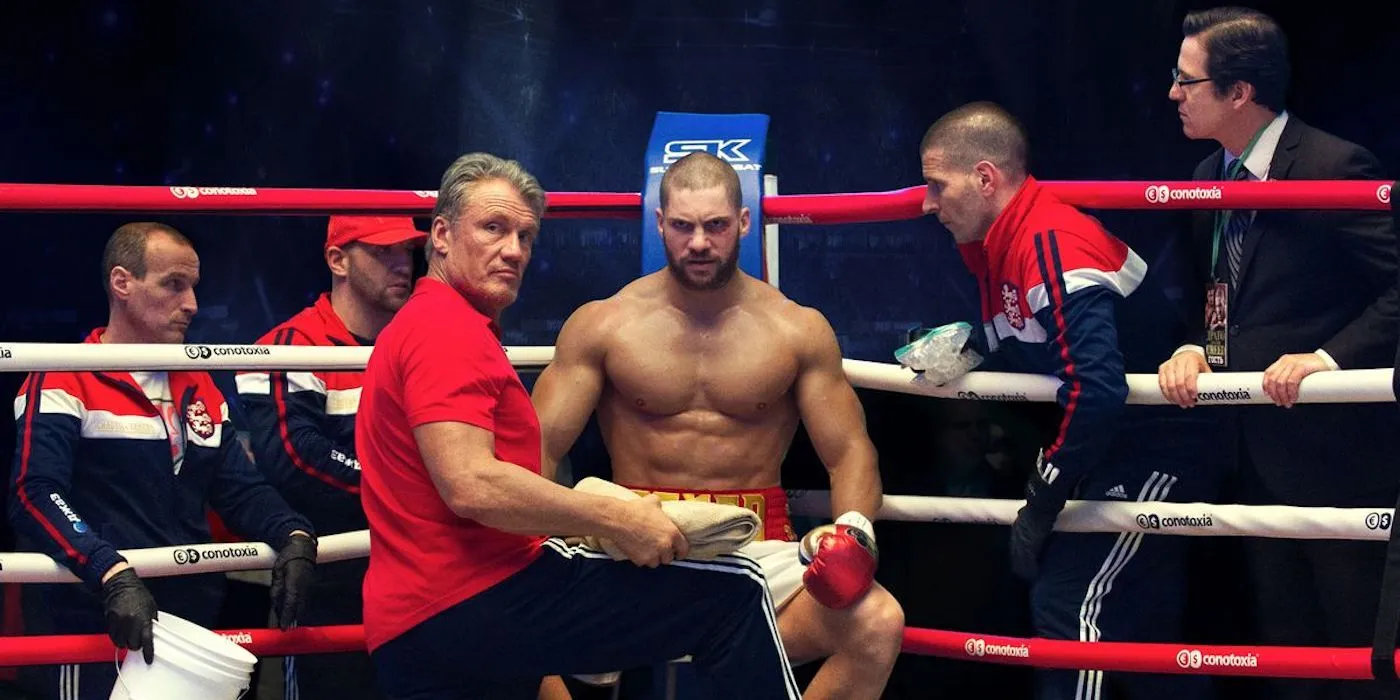 Ivan Drago in the corner with his son Viktor in Creed 3.