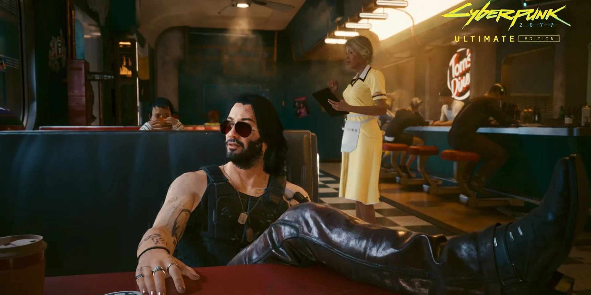 Jonny Silverhand in una tavola calda in Cyberpunk 2077. Jonny Silverhand in una tavola calda in Cyberpunk 2077.