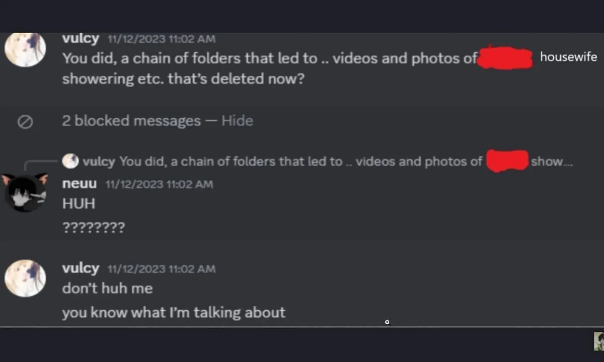 Vulcy questioning Neuu about alleged possession of photos/videos (Image via Google Doc) Vulcy questioning Neuu about alleged possession of photos/videos (Image via Google Doc)
