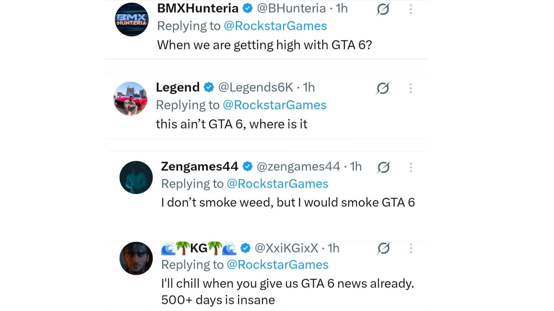 A collage of a few comments on the Rockstar Games' post of 4/20 (Image via X)