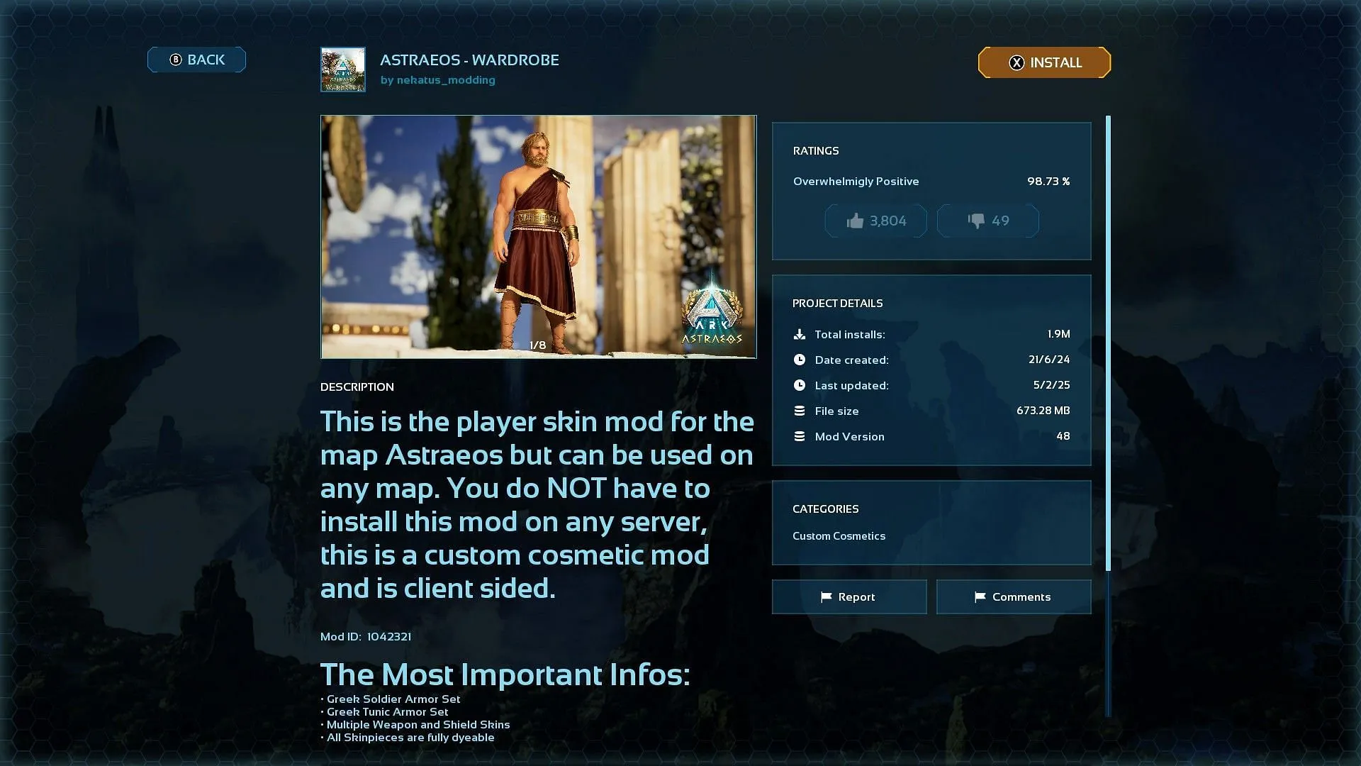 Installing Astraeos Armor Skins in ARK Survival Ascended (Image via Studio Wildcard/Snail Games USA/Nekatus_Modding)