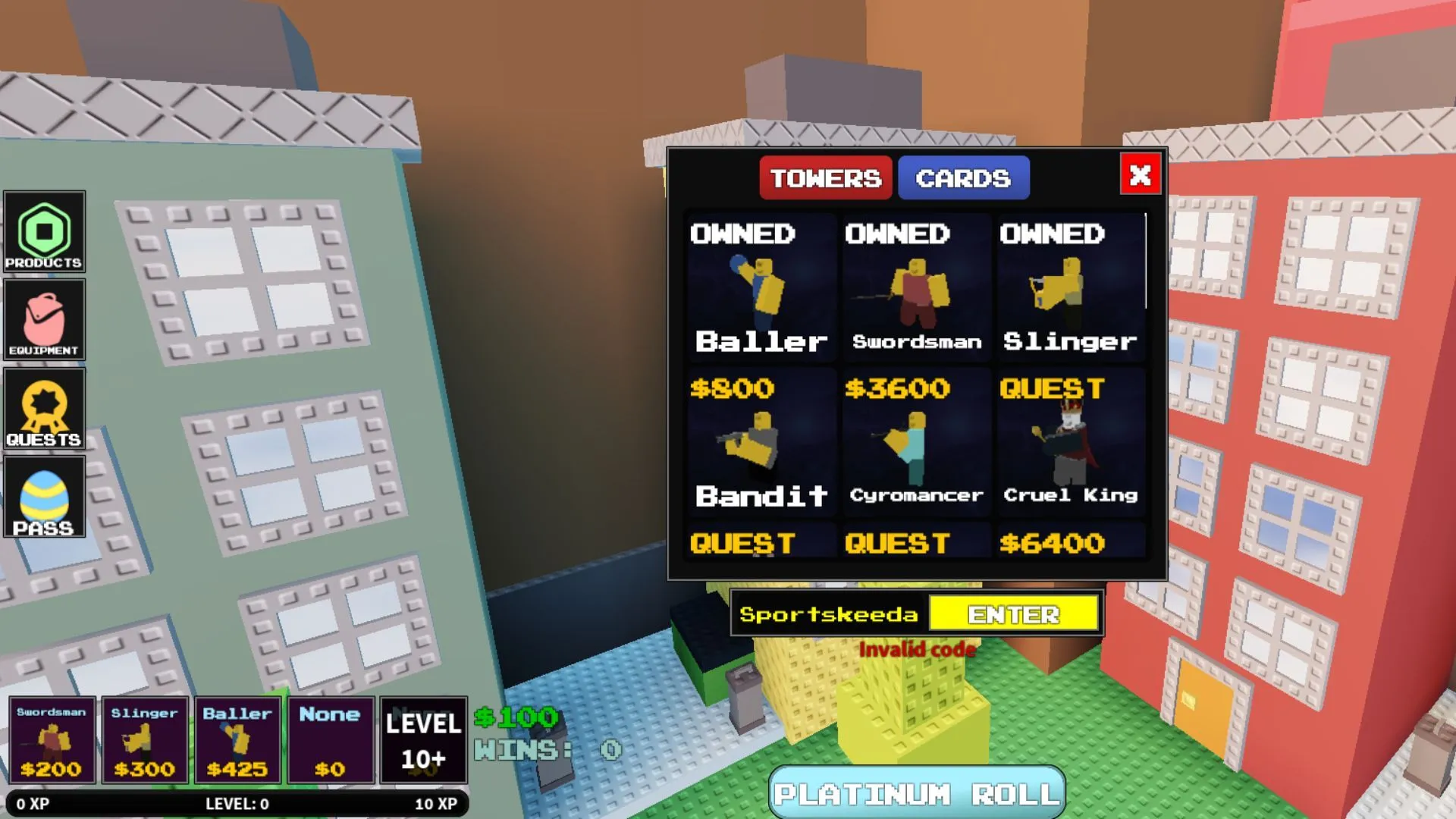 Example of an 'Invalid code' error in Block Tales TD (Image via Roblox)