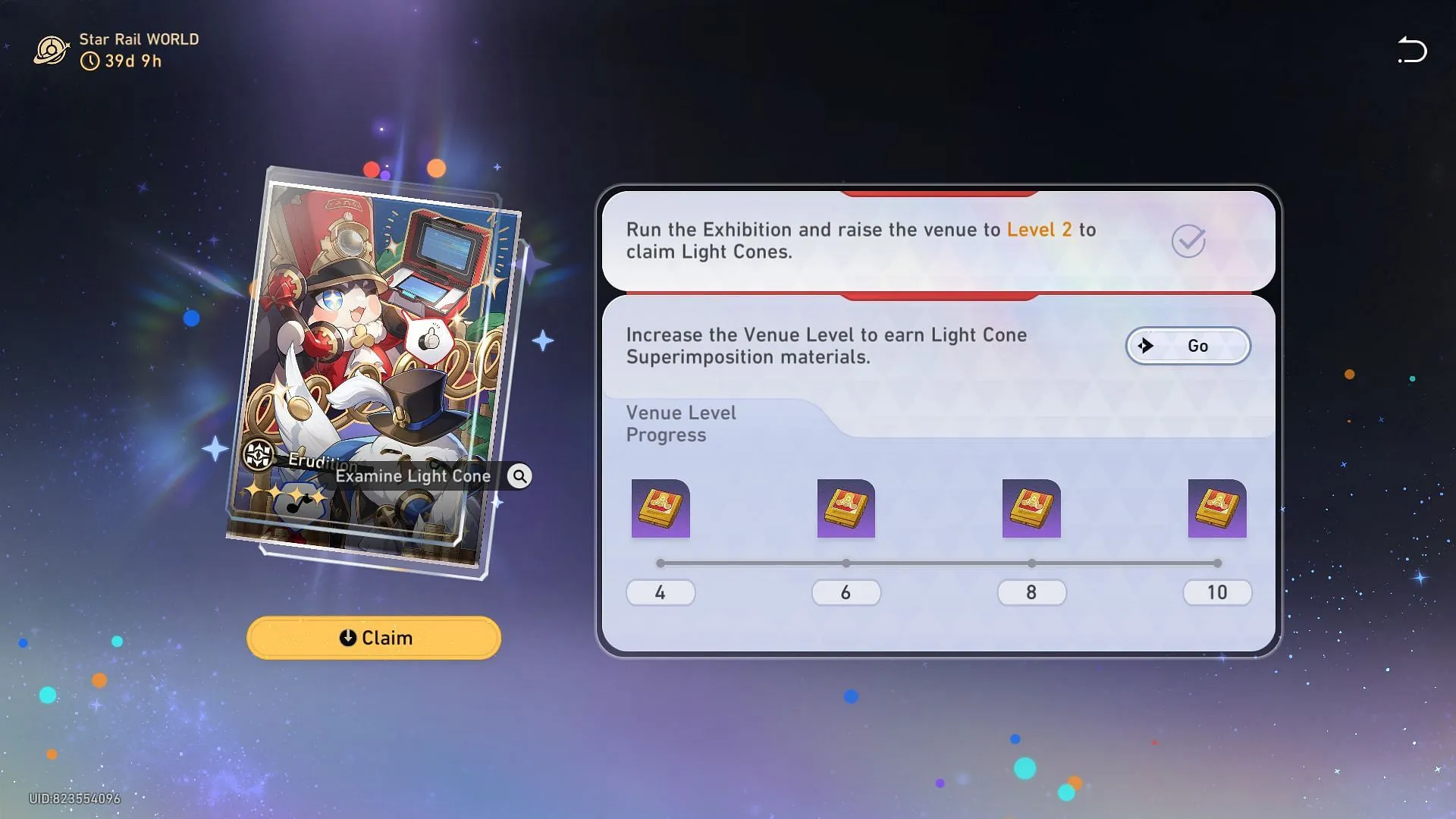 Obtain The Great Cosmic Enterprise Light Cone after upgrading your Exhibition Venue to Level 2 (Image via Sportskeeda Gaming || HoYoverse) Obtain The Great Cosmic Enterprise Light Cone after upgrading your Exhibition Venue to Level 2 (Image via Sportskeeda Gaming || HoYoverse)
