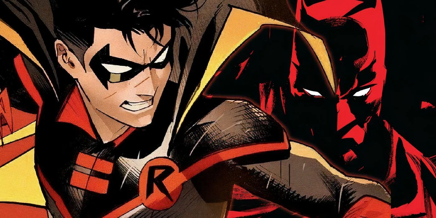 Damian Wayne as Robin alongside a shadowy Batman