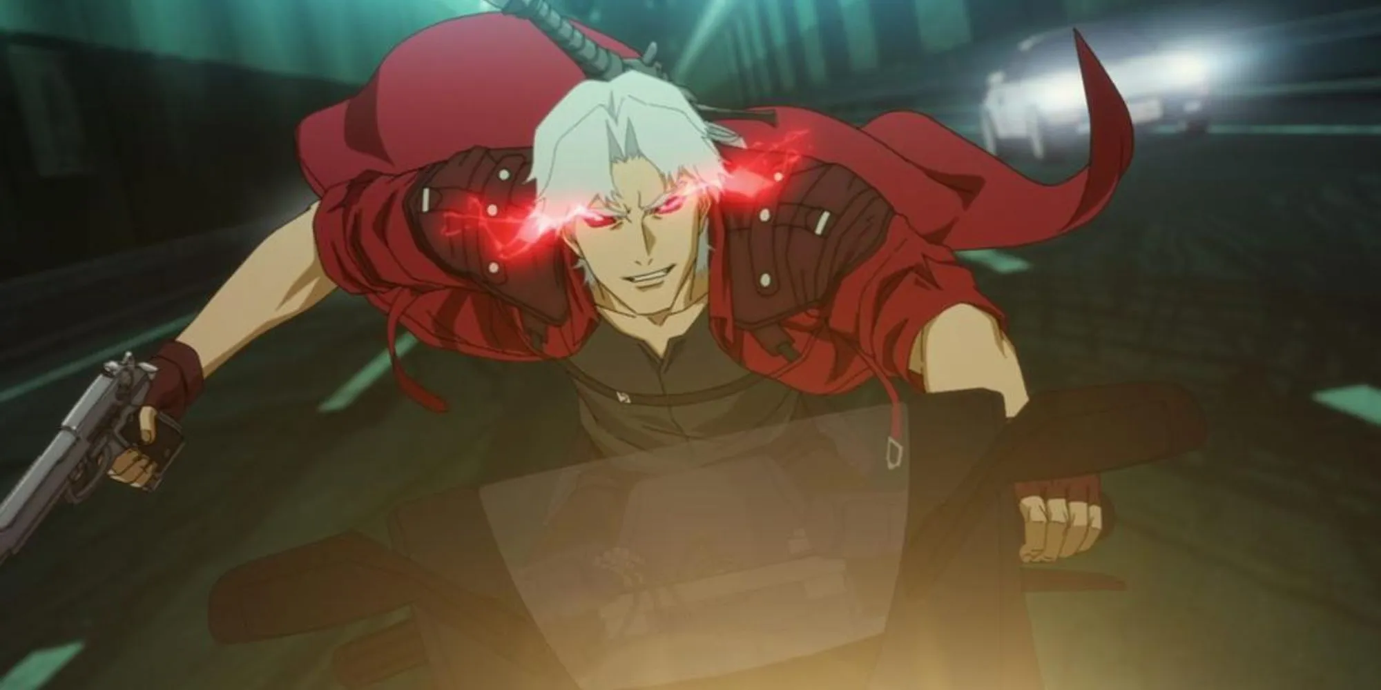 Dante shooting some enemies while riding a bike in the Devil May Cry show.