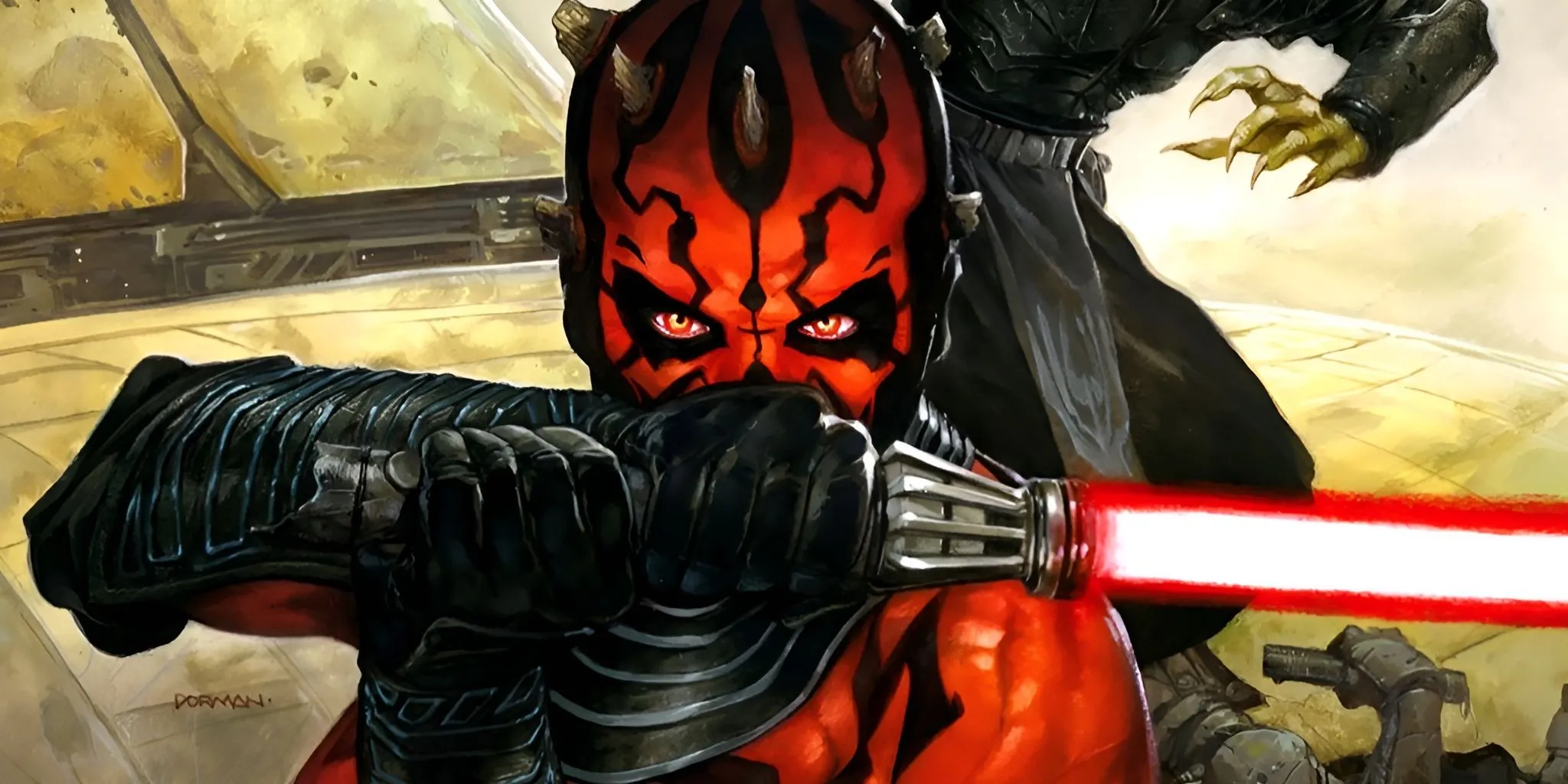 Darth Maul holds his Lightsaber in front of his face. Darth Maul holds his Lightsaber in front of his face.